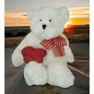 Chosun Plush White Teddy Bear Red‎ Heart Striped Bow Stuffed Animal 14"